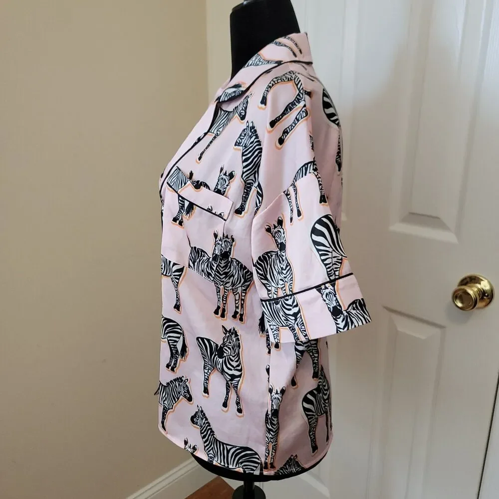 River Island Satin Light Pink With Zebra Short Sleeve Pajama Top Size M - Picture 2 of 6